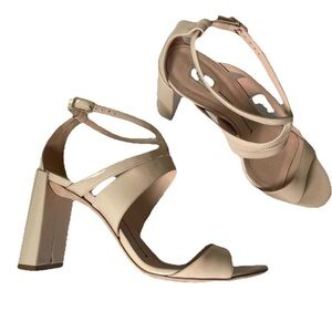 Furla 'Carmen' Nude Patent Leather Block Heel Strappy Sandals Sz 38.5 8.5 Pink